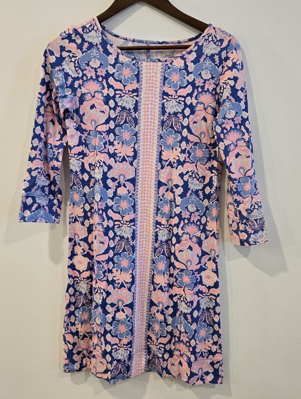 Lilly Pulitzer pink blue print knit Dress Sz XS Pima Cotton Comfy Preppy